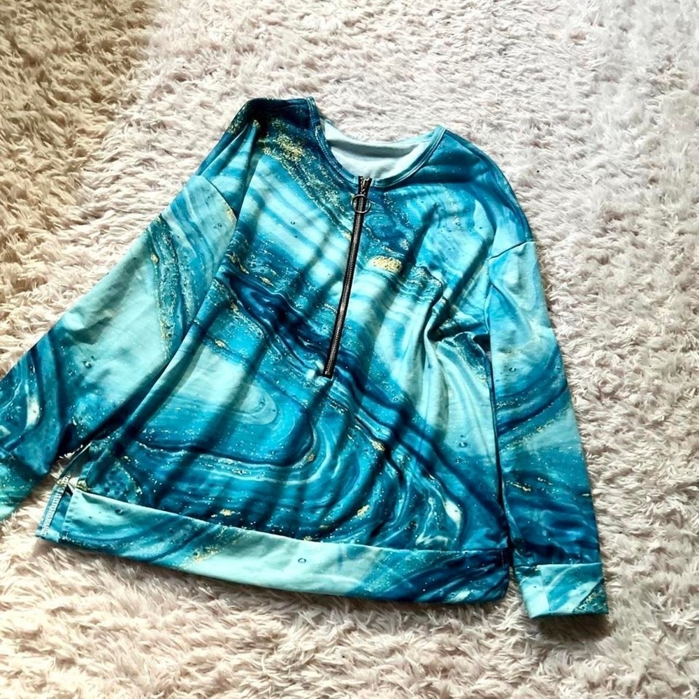 Blue Gold Agate Colorful Grandma Core Quarter Zip Casual Pullover Womens L Weird